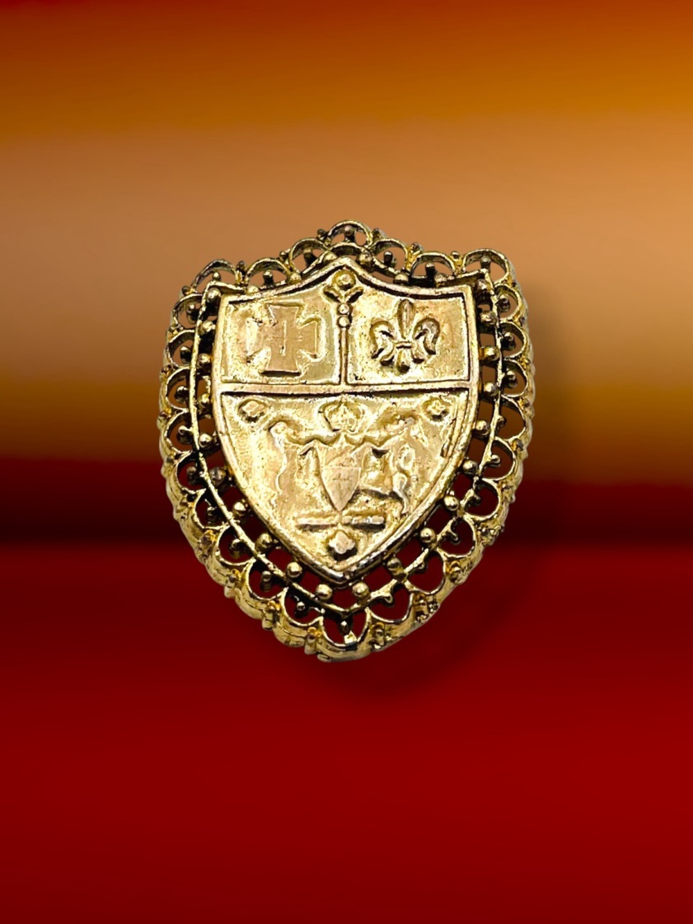 Vintage Gold Tone Heraldic Shield Brooch Coat of Arms Brooch